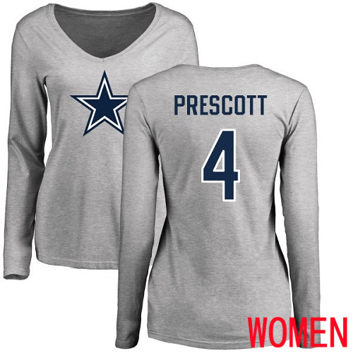 Women Dallas Cowboys Ash Dak Prescott Name and Number Logo Slim Fit #4 Long Sleeve Nike NFL T Shirt->nfl t-shirts->Sports Accessory
